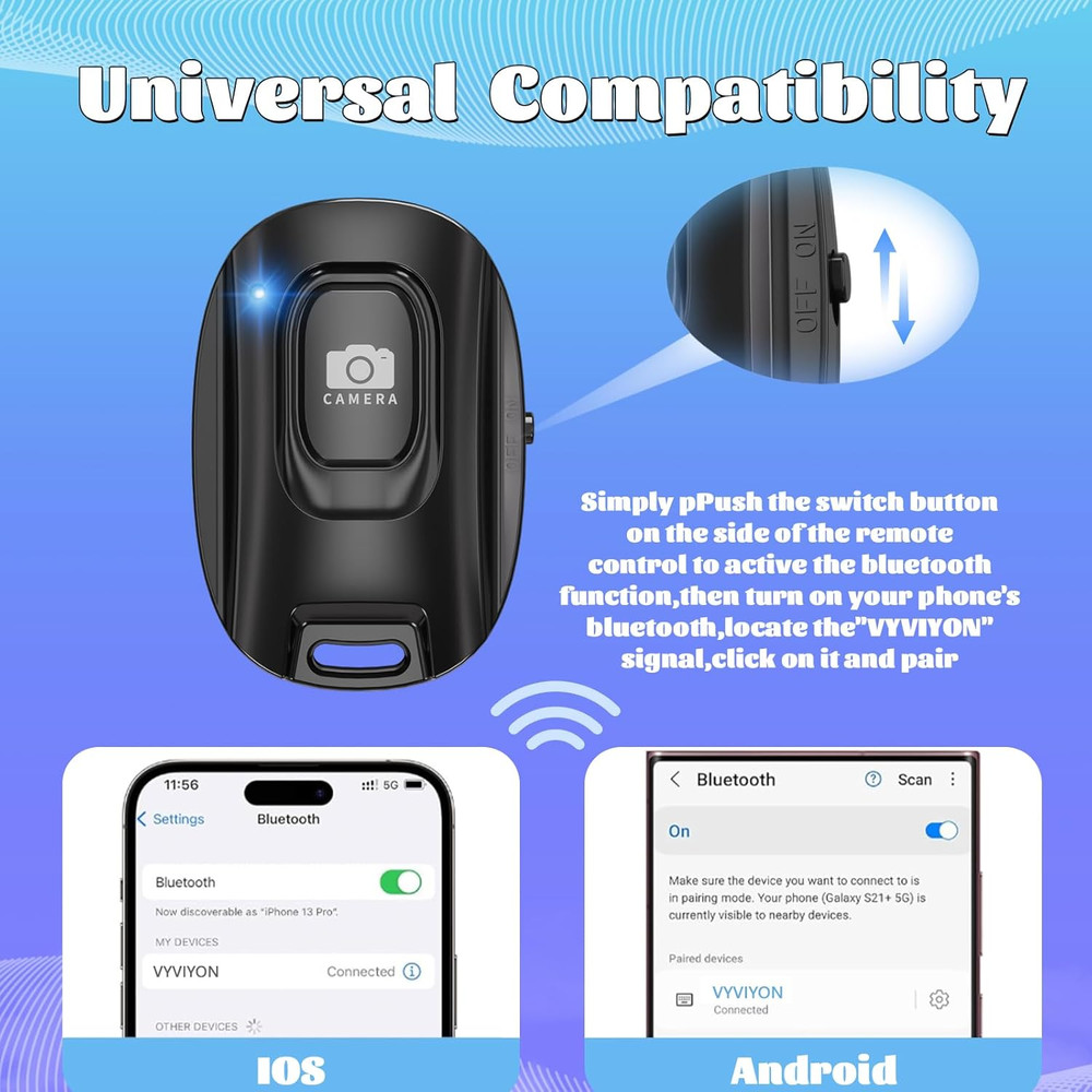 Bluetooth Camera Remote Shutter for Iphone and Android Smartphones, Rechargeable
