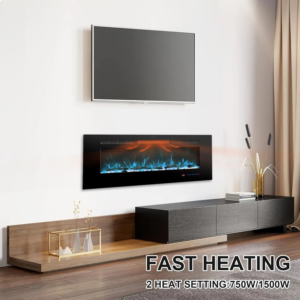 48" Electric Fireplace Insert, Wall Mounted, 13 Color Flames, Remote Control