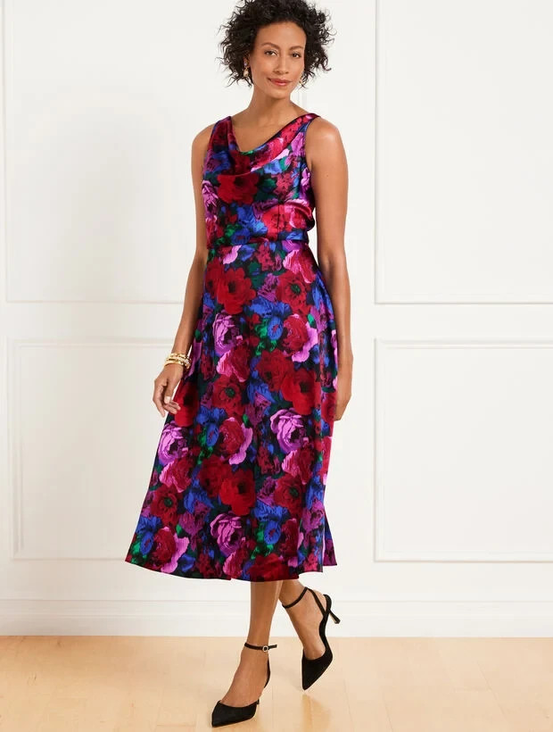 NWT $189 TALBOTS SATIN COWL NECK WRAPPED FLORAL FIT AND FLARE DRESS 16W
