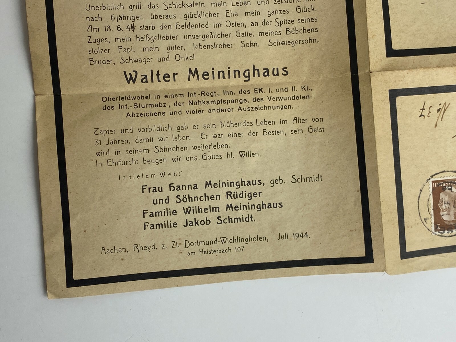 1944 German Death Announcement Walter Meininghaus Note WWII Notices
