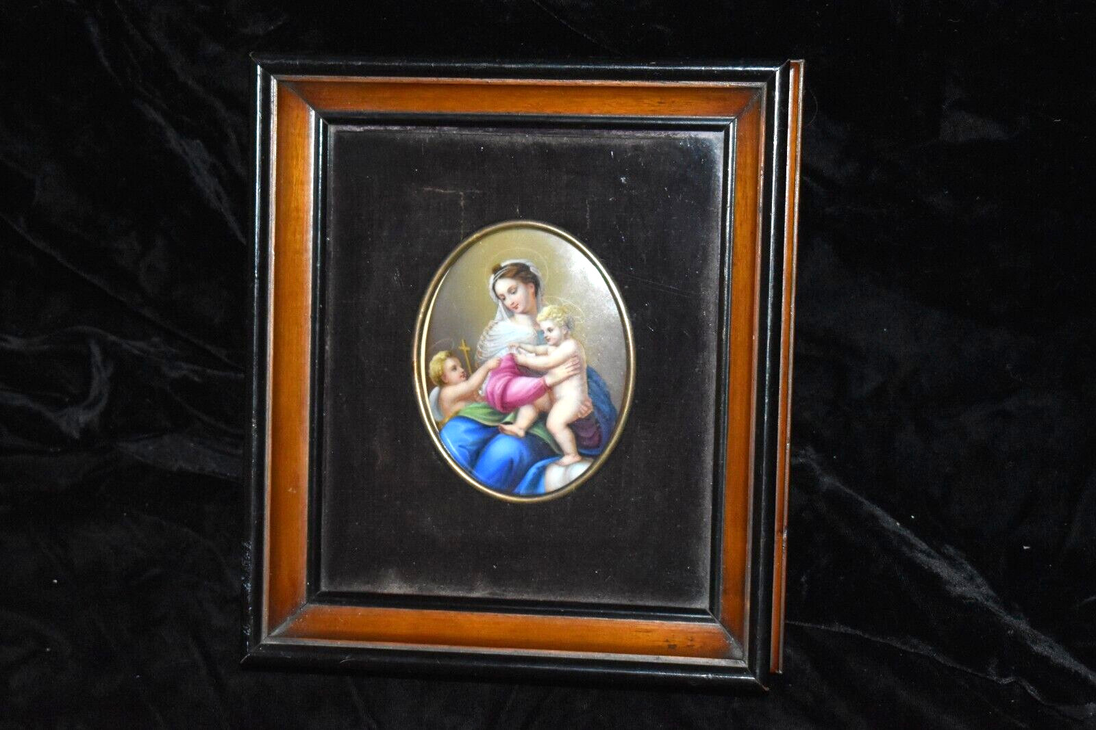 Antique KPM Style Germany  Porcelain Plaque Madonna Child & Cherub Framed