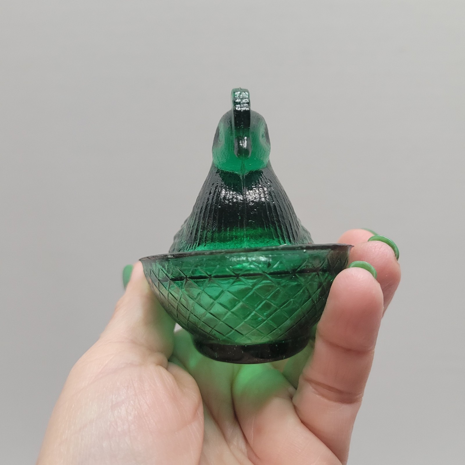 Vintage Green Glass Mini Hen On A Nest Salt Cellar Made In Taiwan 3.5" Chicken
