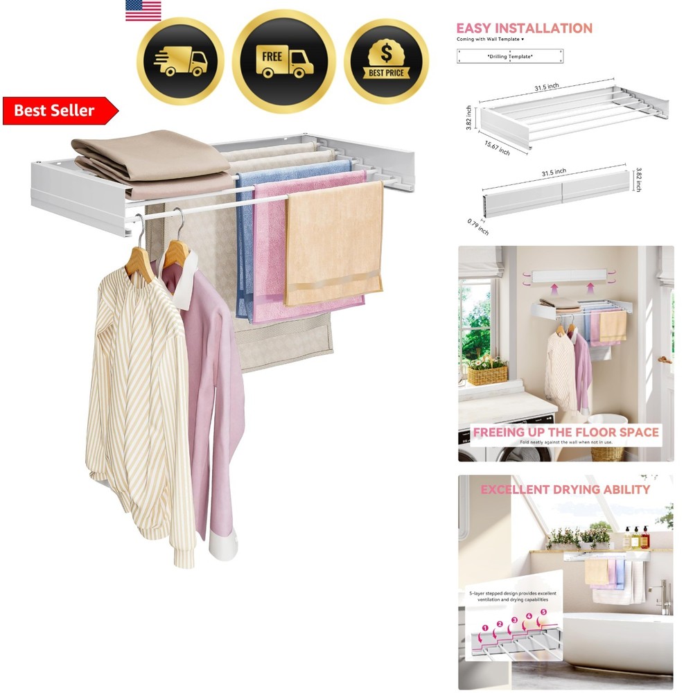 Wall Mounted Clothes Drying Rack Retractable Foldable Laundry Towel Rail White