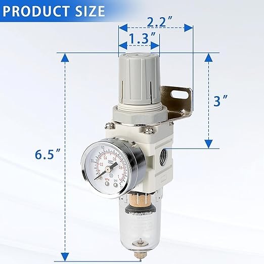 1/4" NPT Compressed Air Filter Regulator Combo, 5 Micron Brass Filter