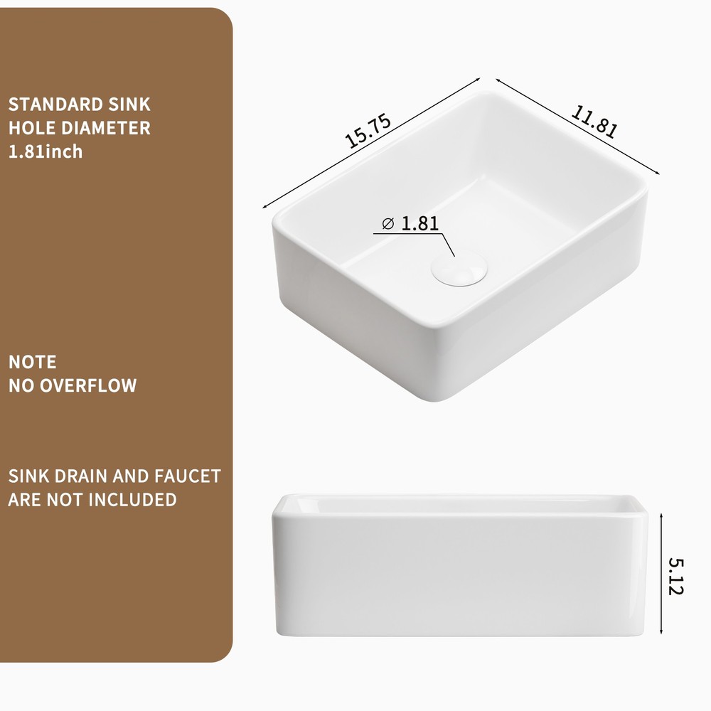 White Rectangular Vessel Sink 16"x12" Ceramic Countertop Bathroom Vanity Sink