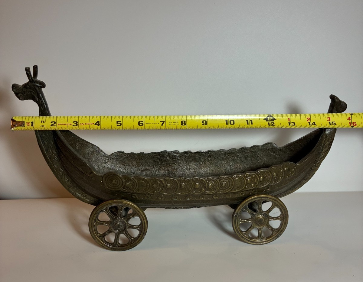 Vintage ROLLING BRONZE VIKING SHIP Metal LONGSHIP Wheels Art 16" Aagaard (?) MCM