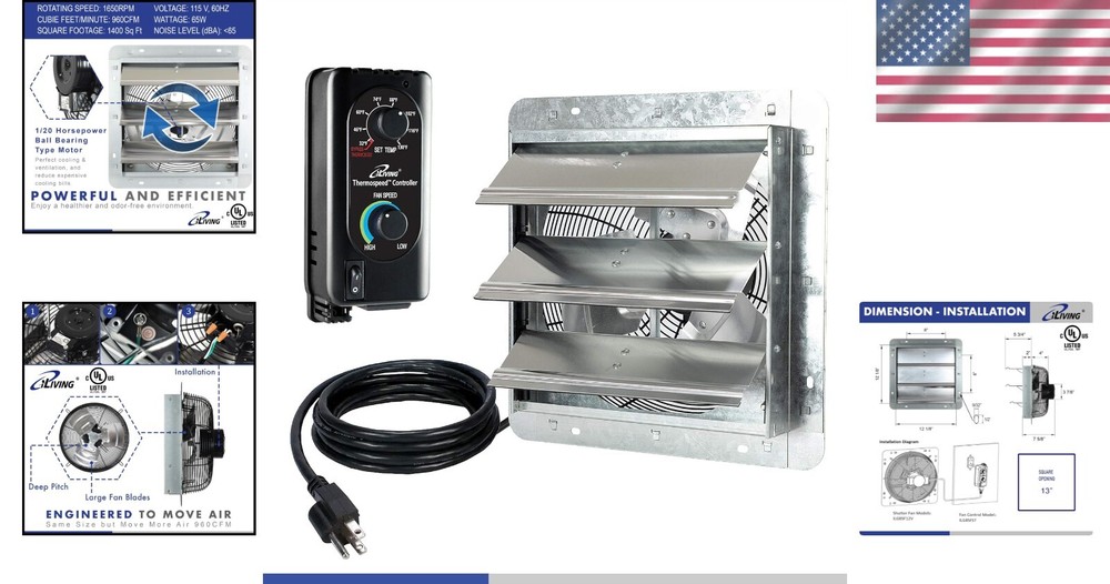 Powerful 960 CFM Wall Mounted Exhaust Fan with Variable Speed & Thermal Control