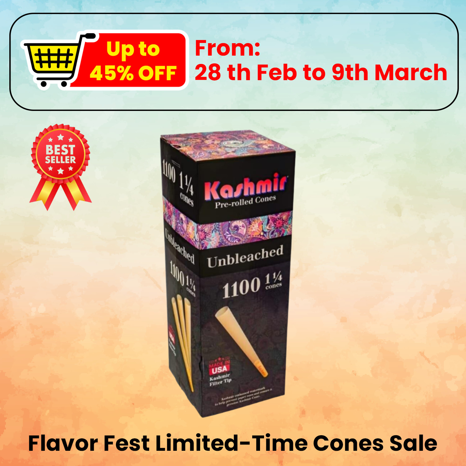 Pre Rolled Cones 1 1/4 Size Bulk 1100 Unbleached Rolling Paper Cones by Kashmir