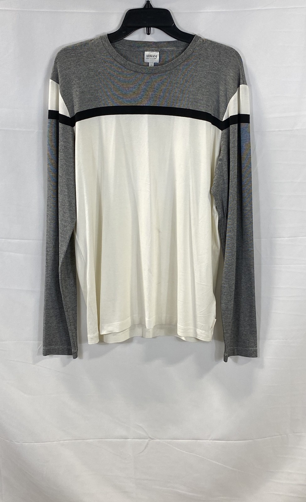 Armani Collezioni Men's Colorblock Long Sleeve Crewneck Shirt Gray White Size L
