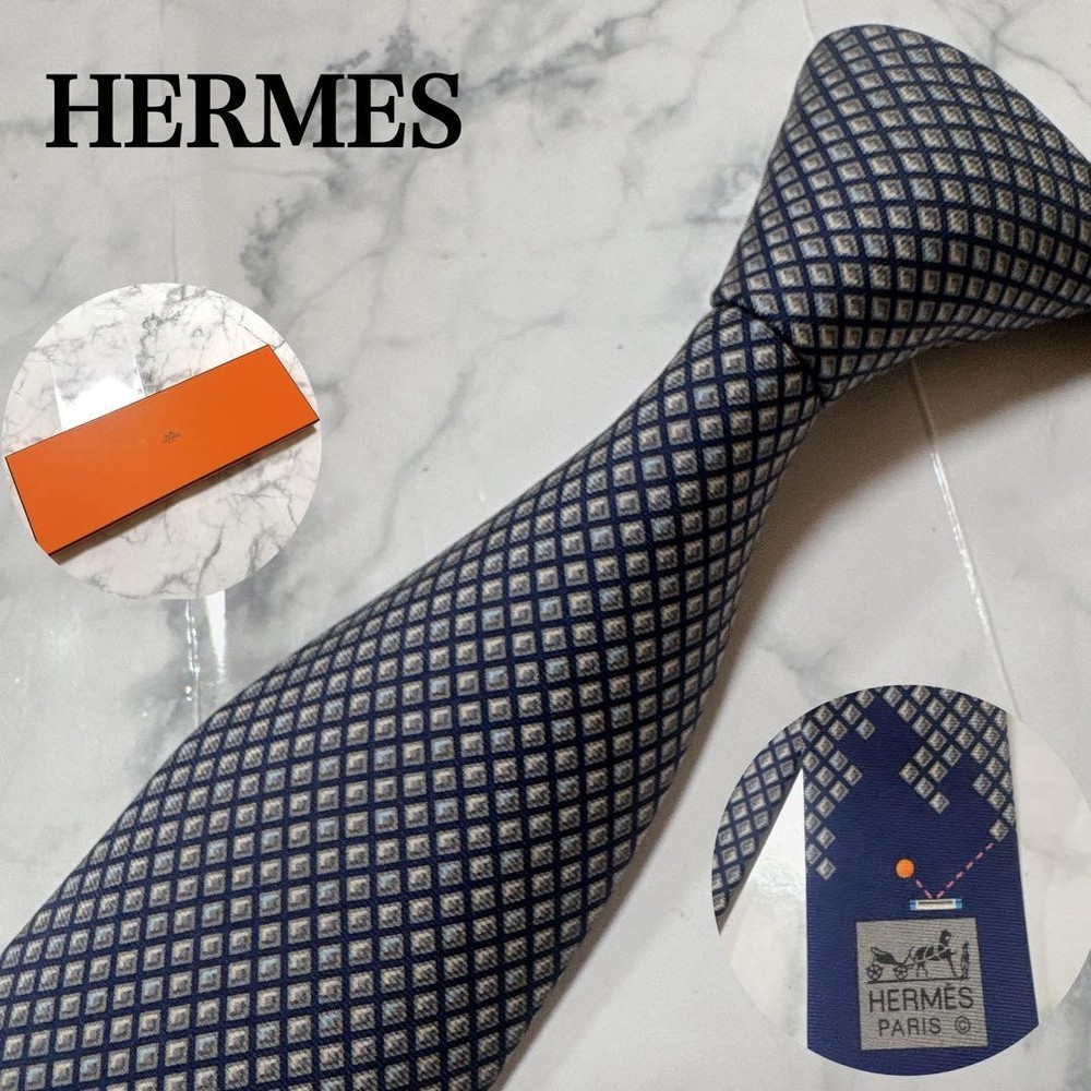 HERMES Square Pattern Tie Navy Gray with Box