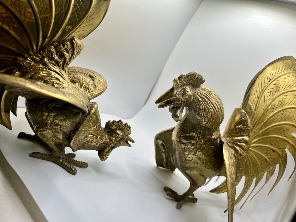 Brass Fighting Roosters Vintage Pair Solid Brass