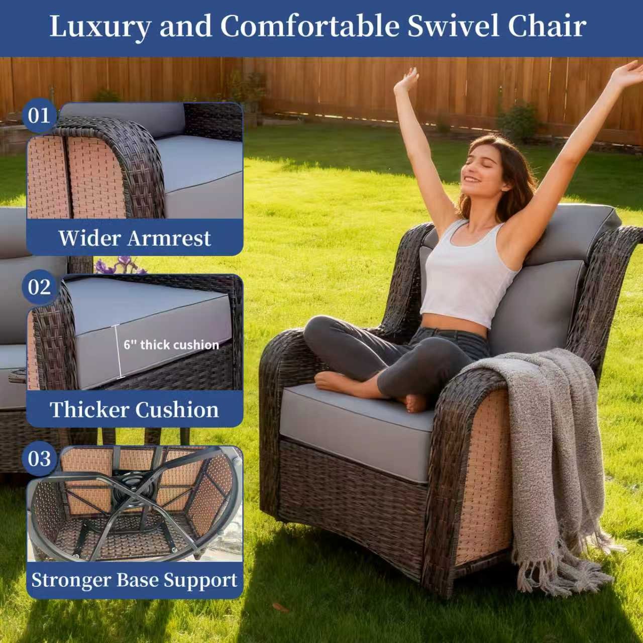 3PCS Wicker Patio 360° Swivel Rocker, Outdoor Swivel Rocking Chair Set w/ Table