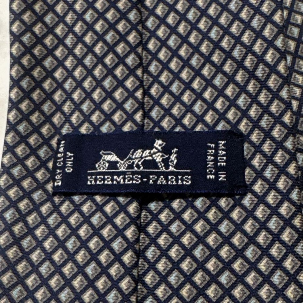 HERMES Square Pattern Tie Navy Gray with Box