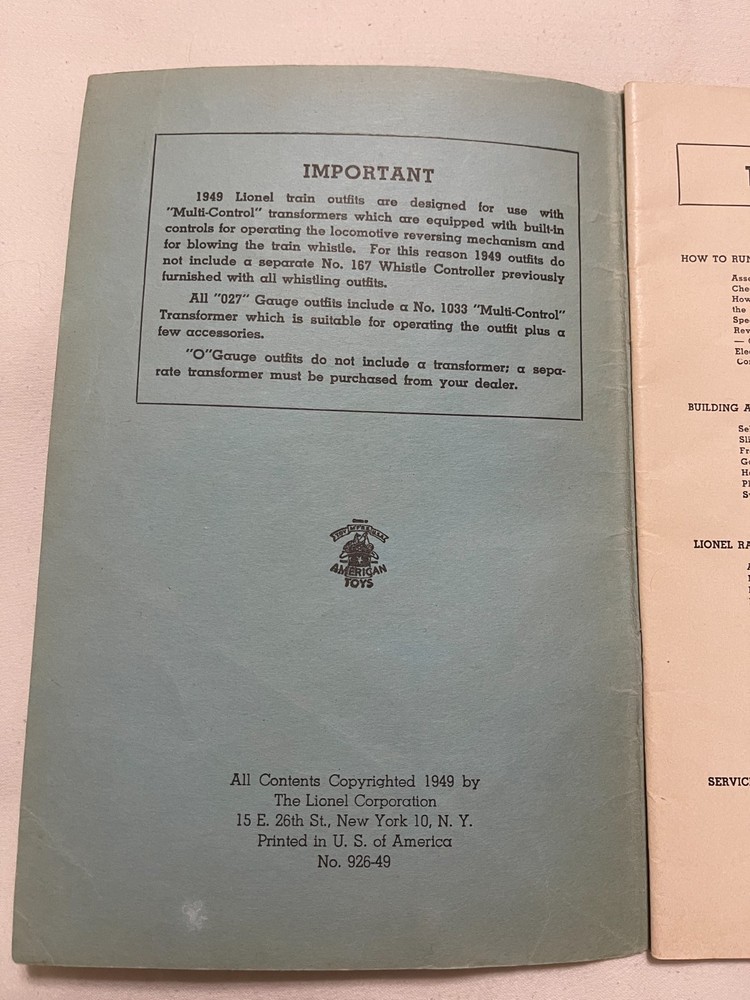 "Lionel Trains instructions for assembling & operating" Booklet from 1949.