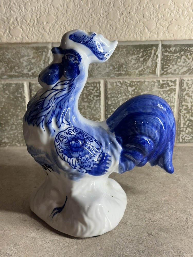 Ceramic Rooster Chicken Hand Painted Cobalt Blue 8" Tall EUC