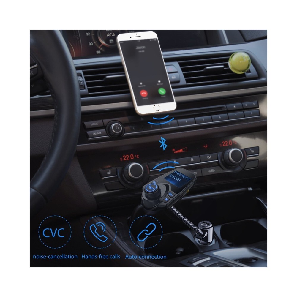 Bluetooth Radio Adapter, FM Transmitter Car Kit with Built-in HD Mic USB Port