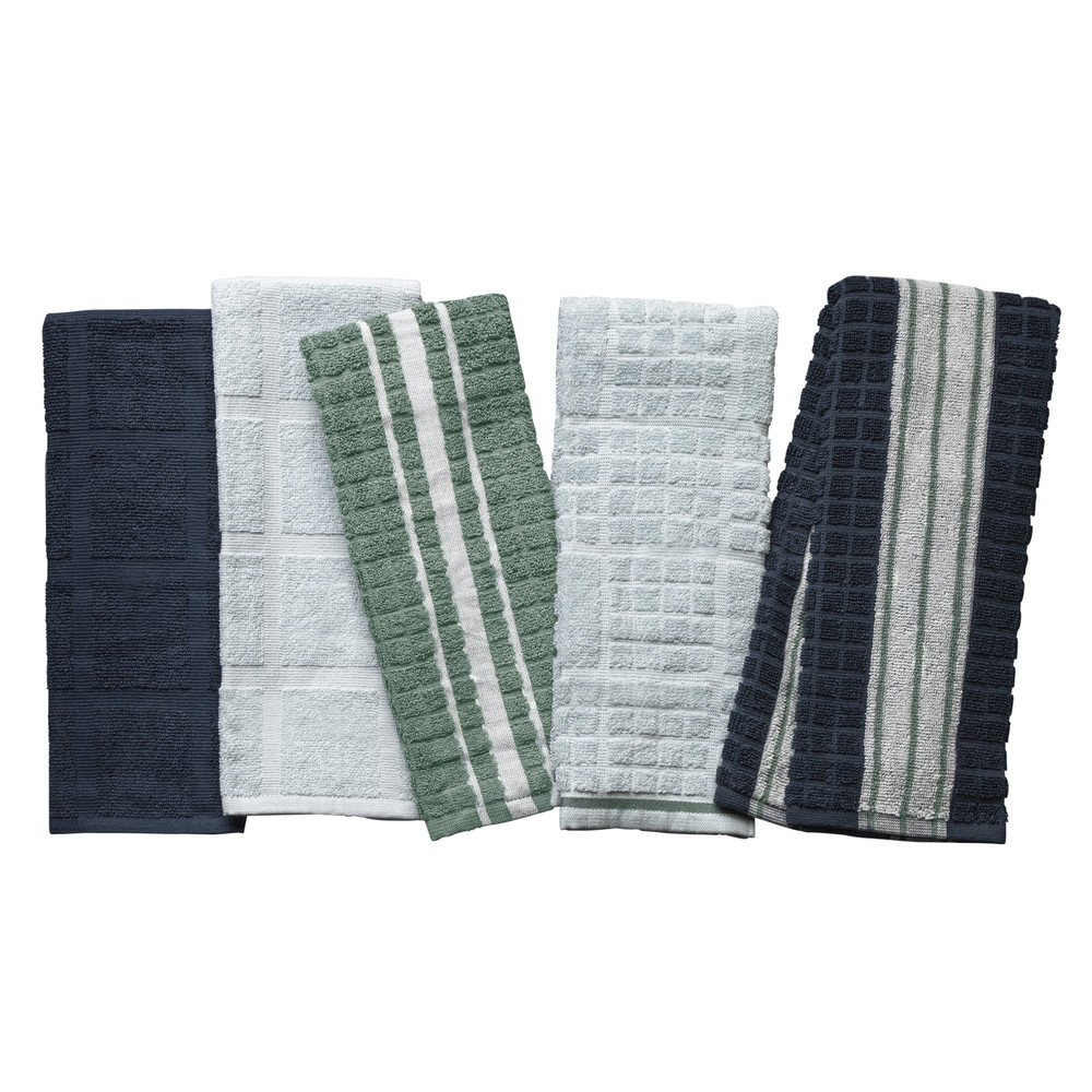 Kitchen Towels, Navy, Green, & White, 5 Pack Set