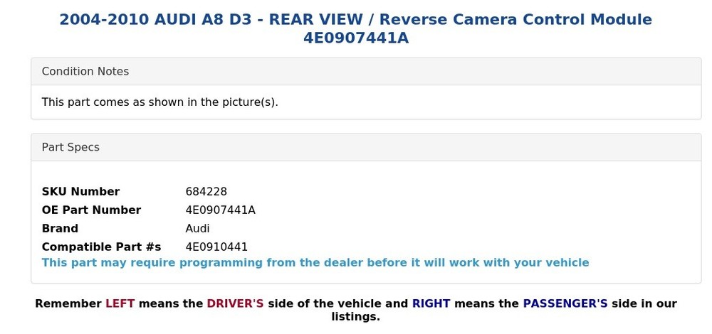 2004-2010 AUDI A8 D3 - REAR VIEW / Reverse Camera Control Module 4E0907441A