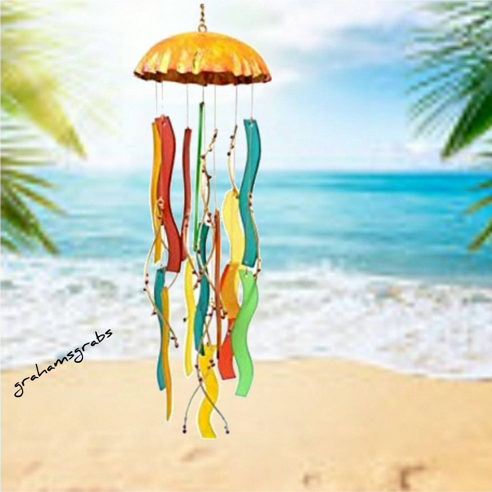 CUT GLASS CORAL JELLYFISH WIND CHIME TROPICAL BEACH COASTAL COLORFUL GEBLUEG580
