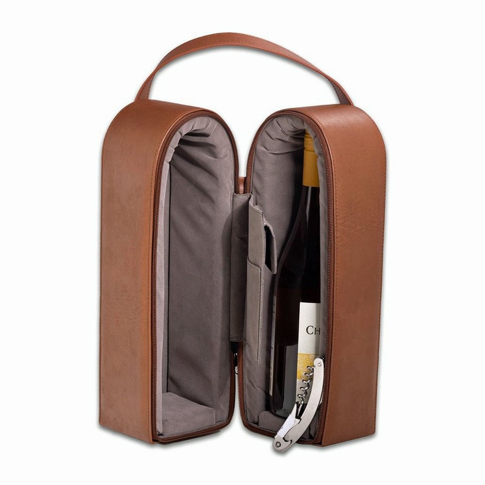 BROWN LEATHER TWO BOTTLE WINE HOLDER WITH BAR TOOL
