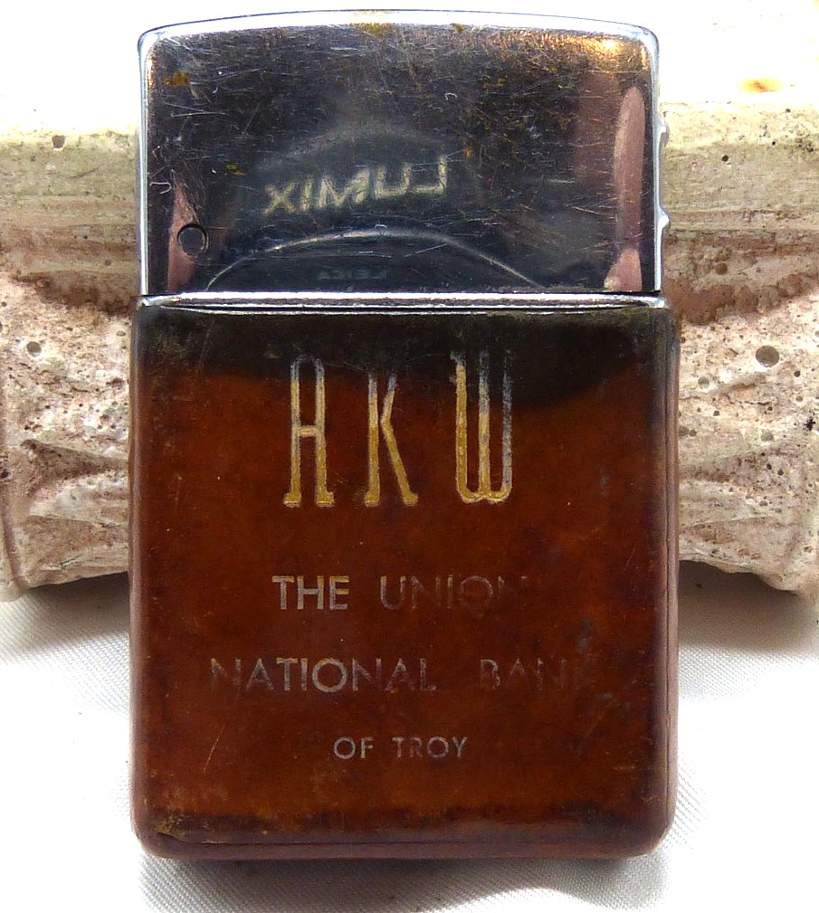 Vintage Wind Master Advertising Lighter Union National Bank Troy NY - Leather