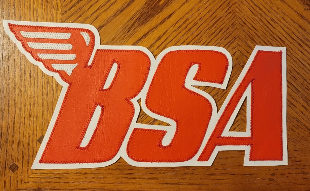 BSA Motorcycles 13 inch red and white back patch. Sew on type. NICE NEW
