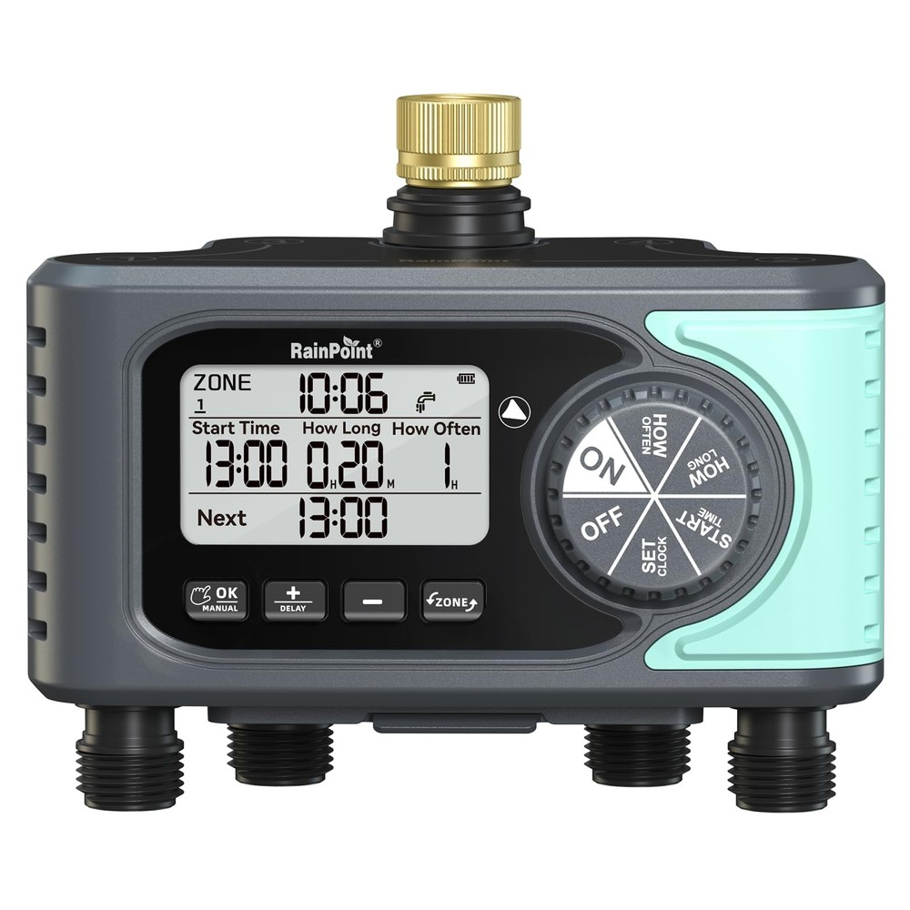 RAINPOINT Sprinkler Timer, 4 Outlets Hose Timer with Brass Inlet with Rain Delay