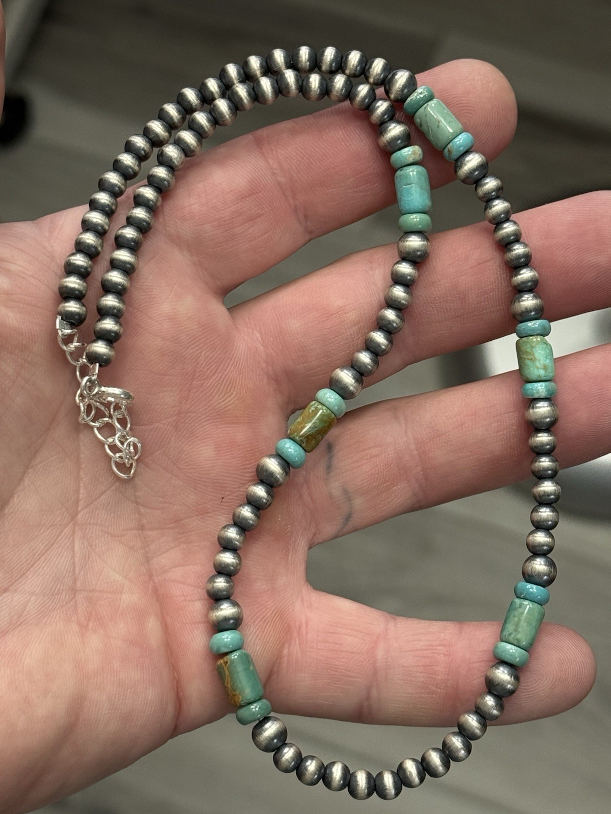 STERLING SILVER 5mm NAVAJO PEARL TURQUOISE CYLINDER BEADS BEADED NECKLACE .925