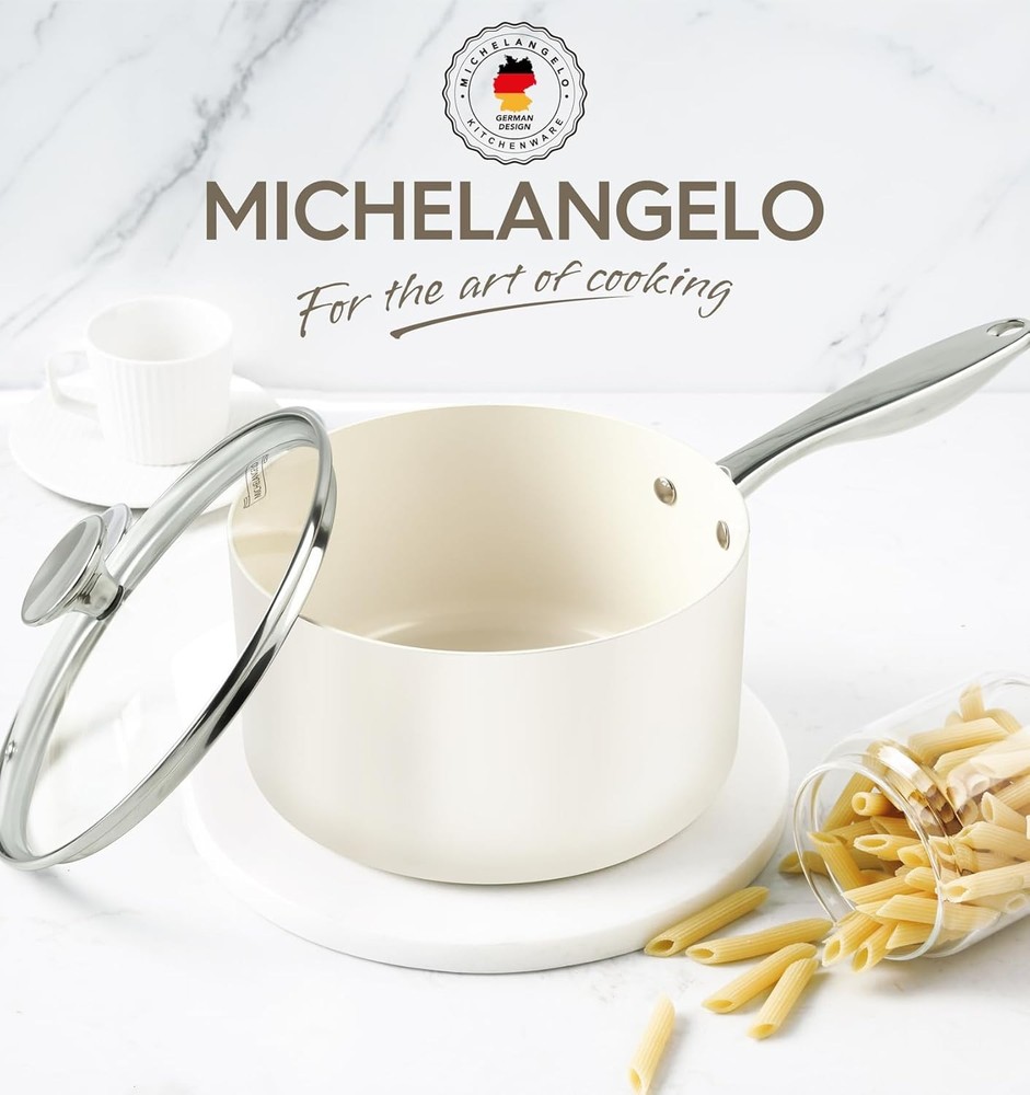 MICHELANGELO 3 Quart Saucepan with Lid, Induction 3 Quart, White