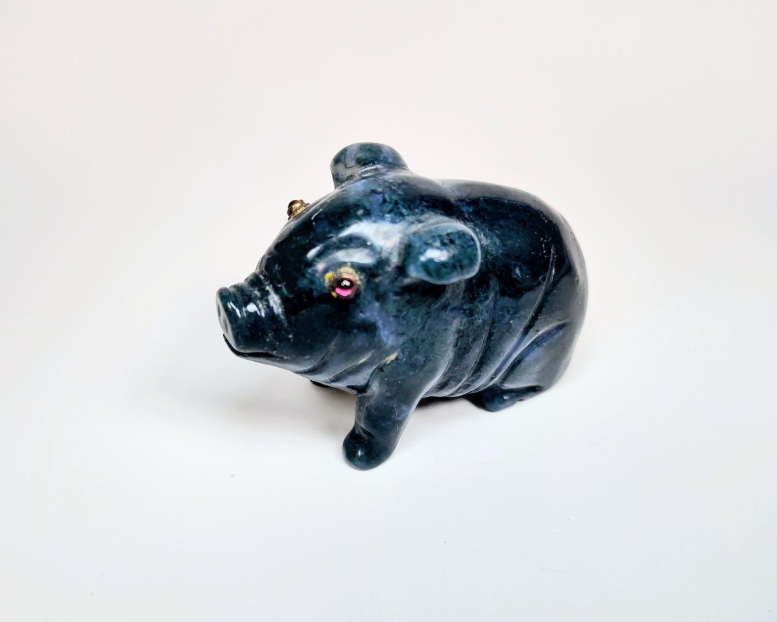 Antique 1920s Hand-Carved Blue-Green Aventurine Pig with Bezel-Set Garnet Eyes