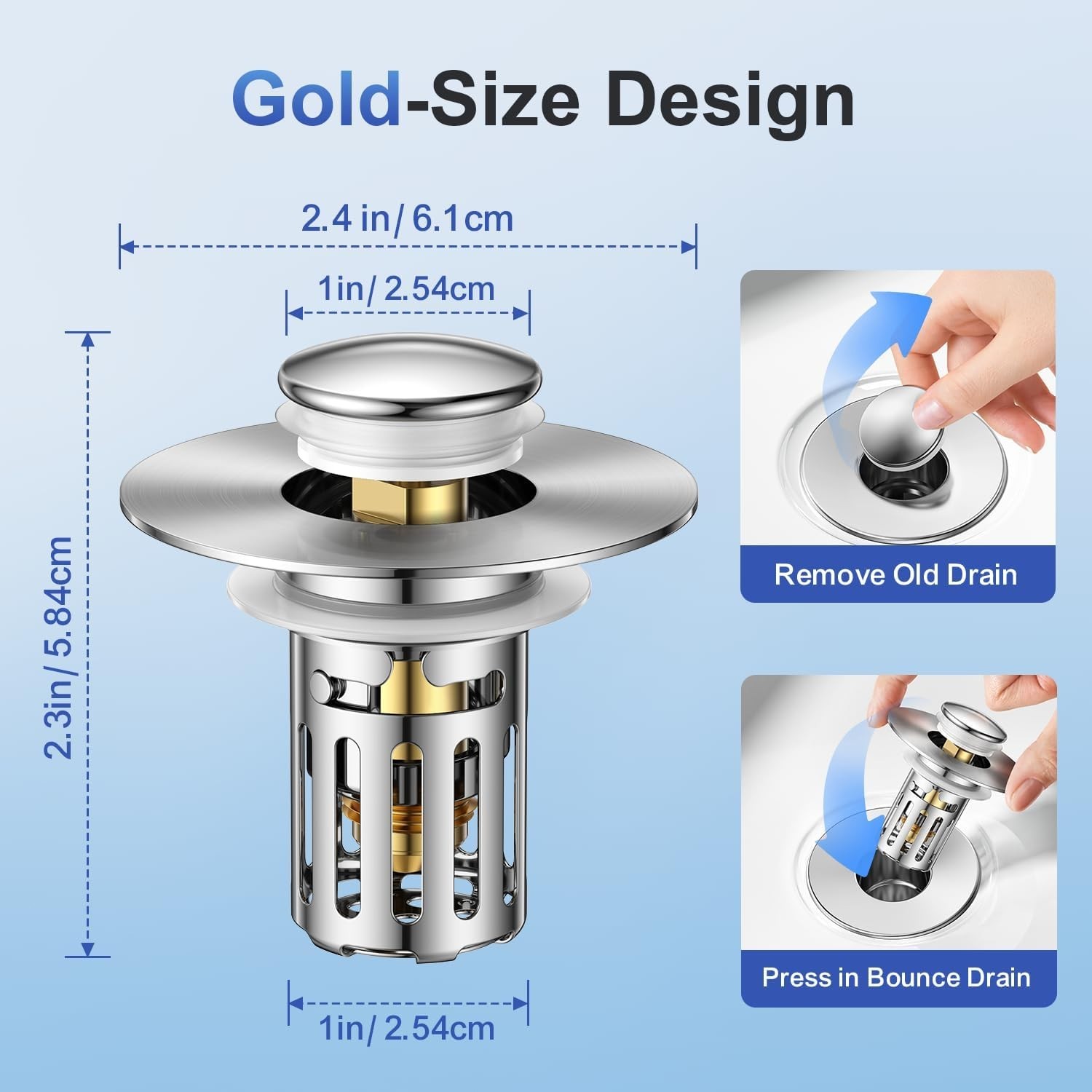 3-in-1 Bathroom Sink Plug - Rebound Pop-Up Drain Filter & Washbasin Core