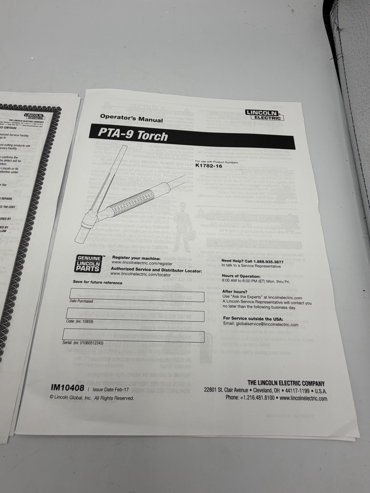 LINCOLN ELECTRIC K1782-16 LINCOLN Air-Cooled TIG Torch 55EL93