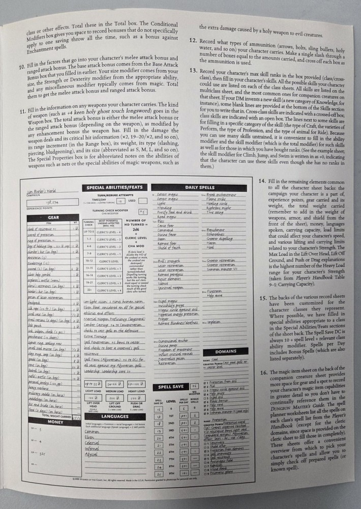 Dungeons & Dragons WotC D&D 3rd Ed Character Sheets 3.0 VG+