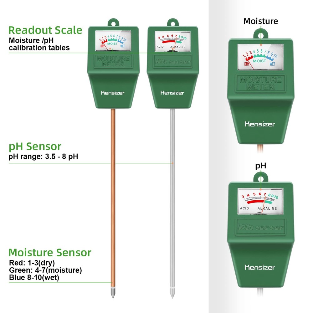 Kensizer Soil Tester, Moisture/pH Meter, Green