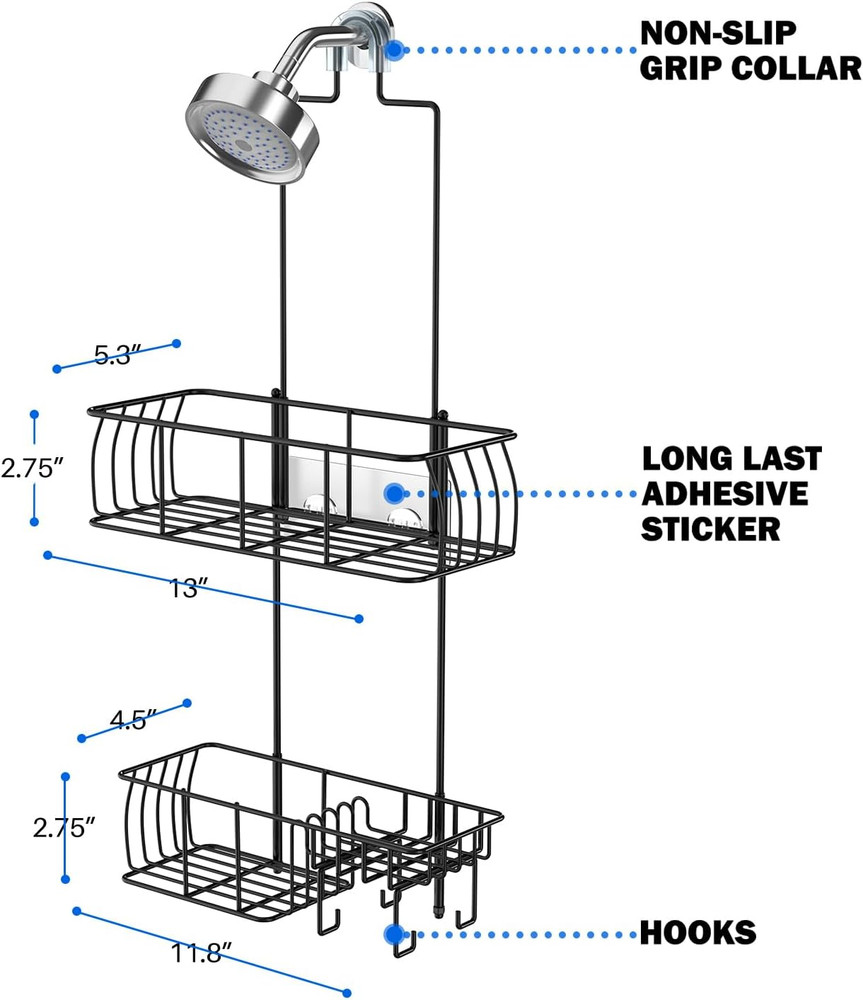 Shower Caddy Hanging, Anti-Swing over Head Shower Caddy Rustproof with Hooks for