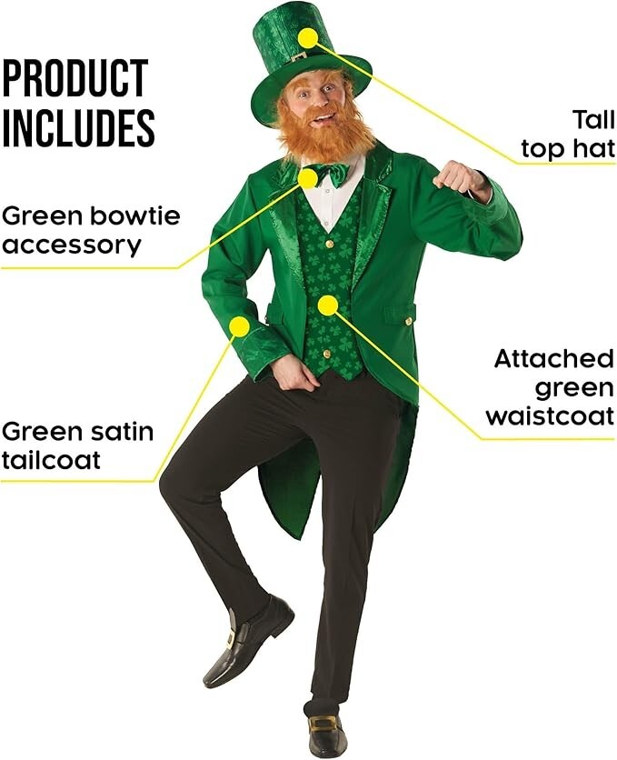 Men`s Leprechaun Costume + Hat Adult St Patrick`s Day Irish Outfit Suit M - 2XL