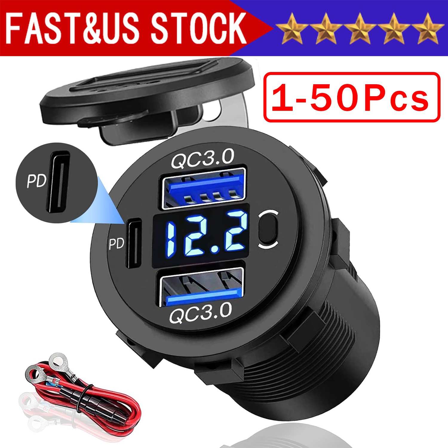 12V-24V PD+QC3.0 Dual USB Car Fast Charger Power Socket Outlet LED Voltmeter Lot