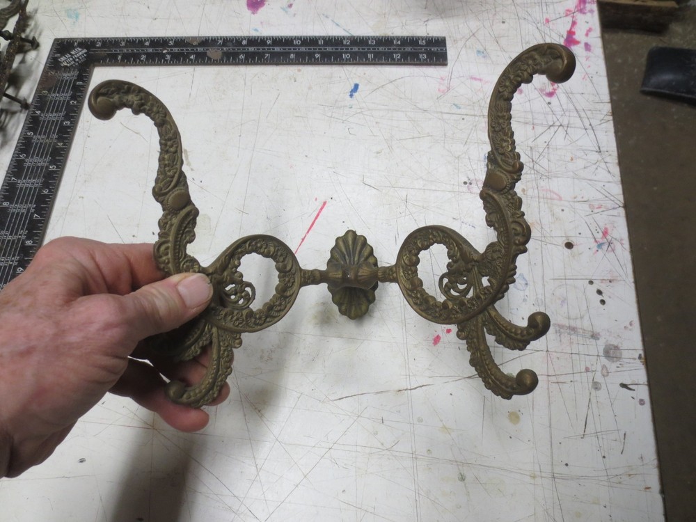 Large Antique Solid Bronze Double Coat Hook - Ornate Floral Design