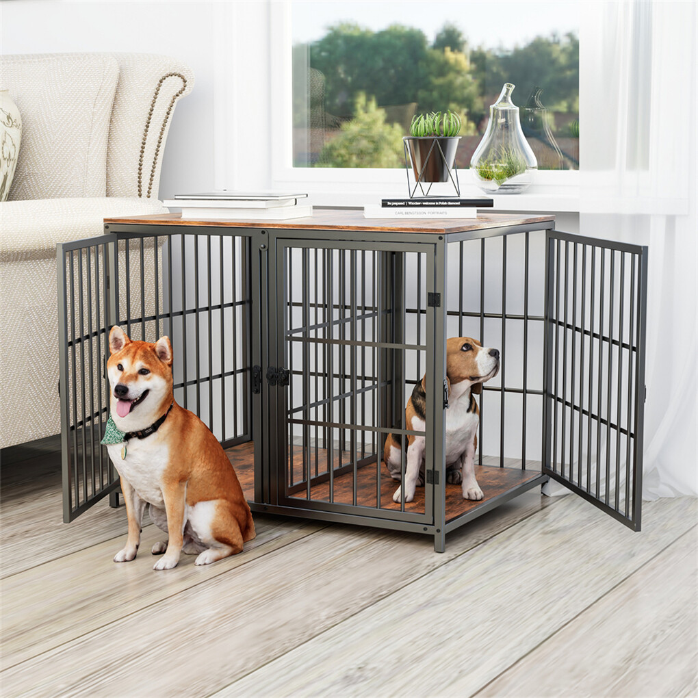 Indestructible Wooden Dog Crate Furniture with Divider for 2 Dogs Cage End Table