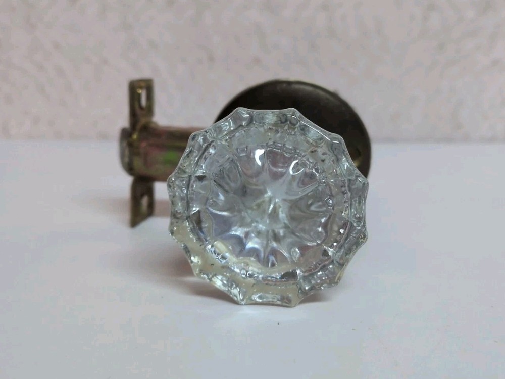 2 Sets of 12 Point GLASS Knobs BRASS Collars Spindle Strike Plate and Latch