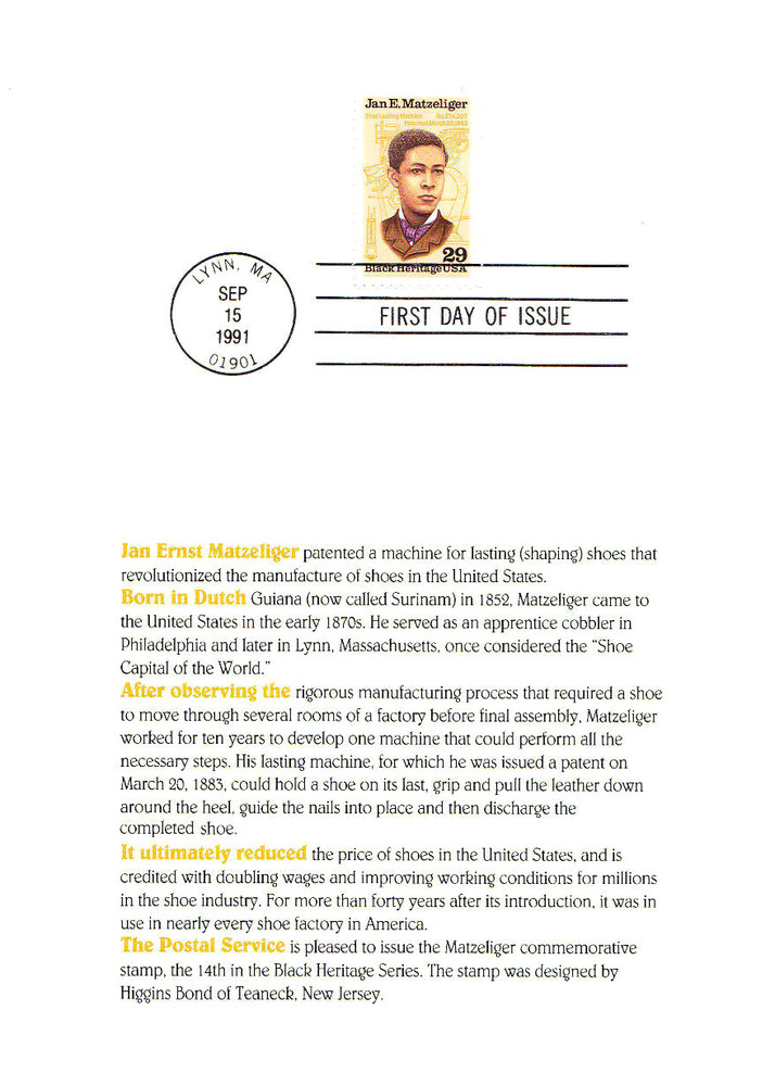 USPS FDC Ceremony Program #2567Jan E. Matzeliger Black Heritage Inventor