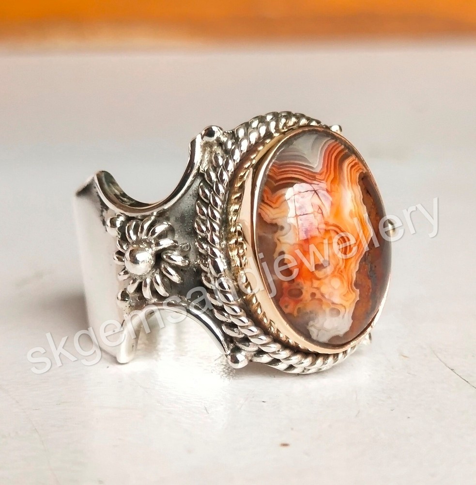 Natural Crazy Lace Agate Ring 925 Sterling Silver Tow-tone Adjustable Ring