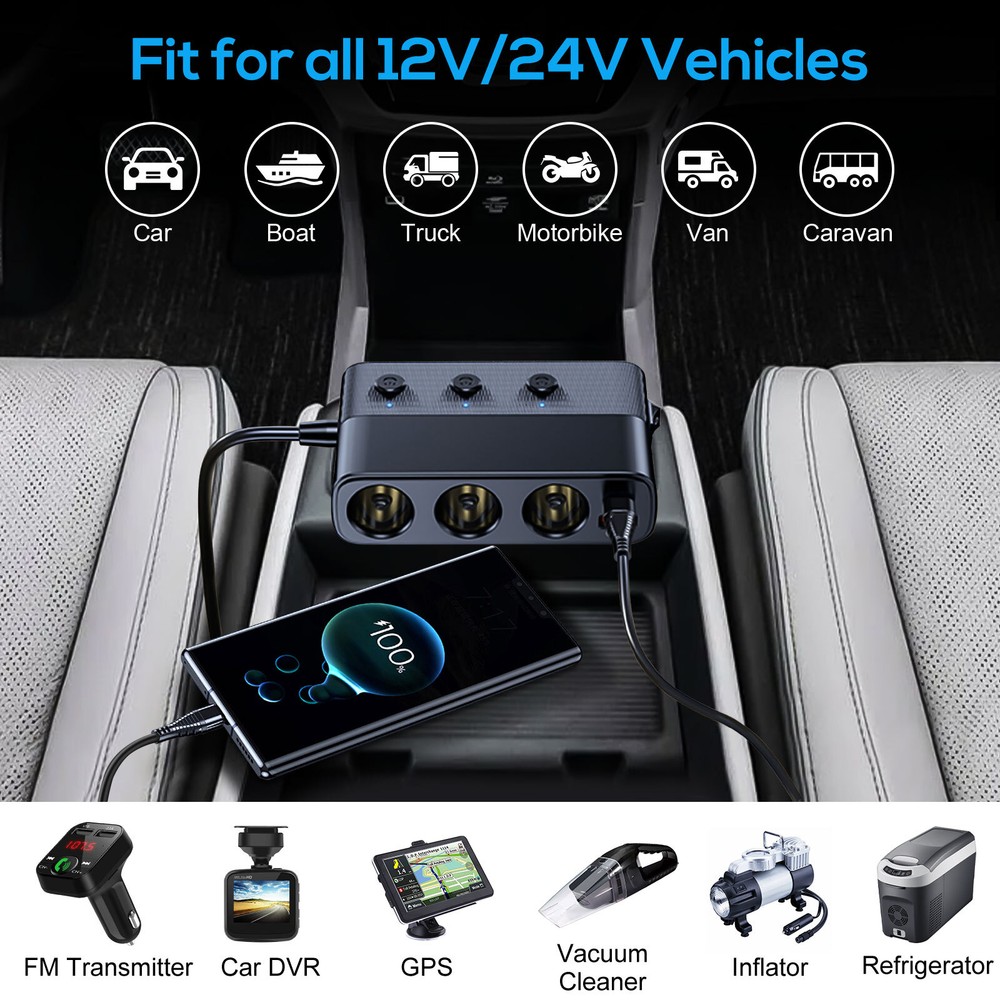 3 Way Car Cigarette Lighter Socket Splitter USB Fast Charger Power Adapter 12V