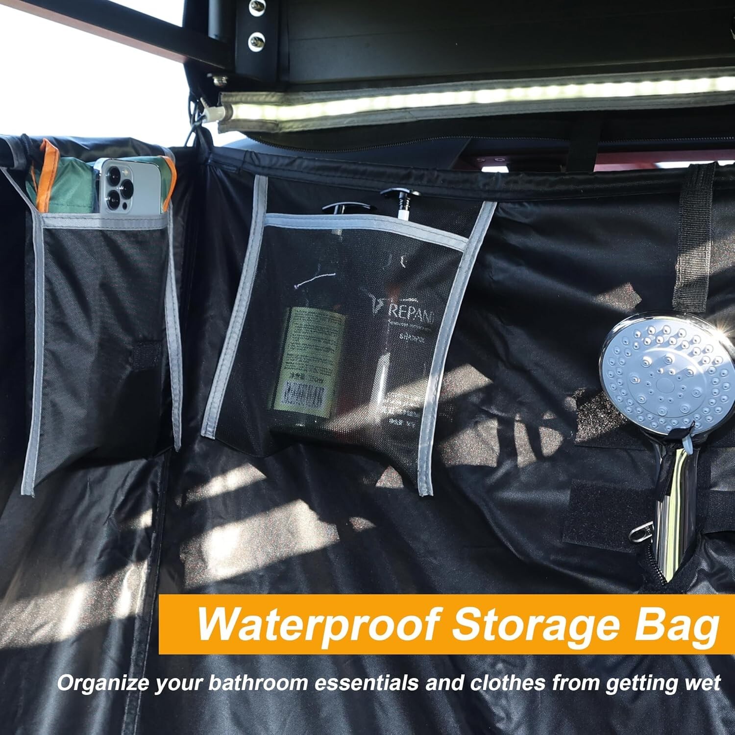 Naturnest Car Camping Shower Tent Overland Shower Awning with Roof LED Floor Mat