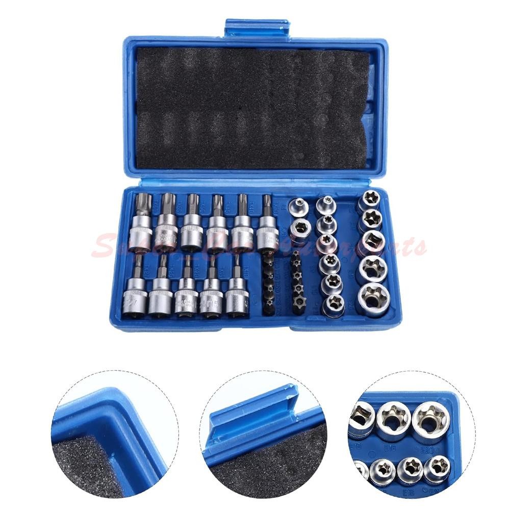 34pcs Torx Star Sockets & Bit Set Male Female E-torx Security Bits 3/8 Drive