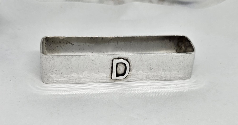 ANTIQUE LEBOLT LARGE HAND HAMMERED STERLING SILVER RECTANGULAR NAPKIN RING,D