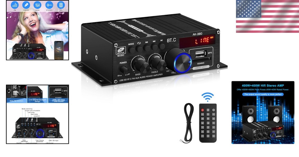 Powerful 2.0 CH AK-380 Bluetooth Amplifier with USB, AUX & Remote Control