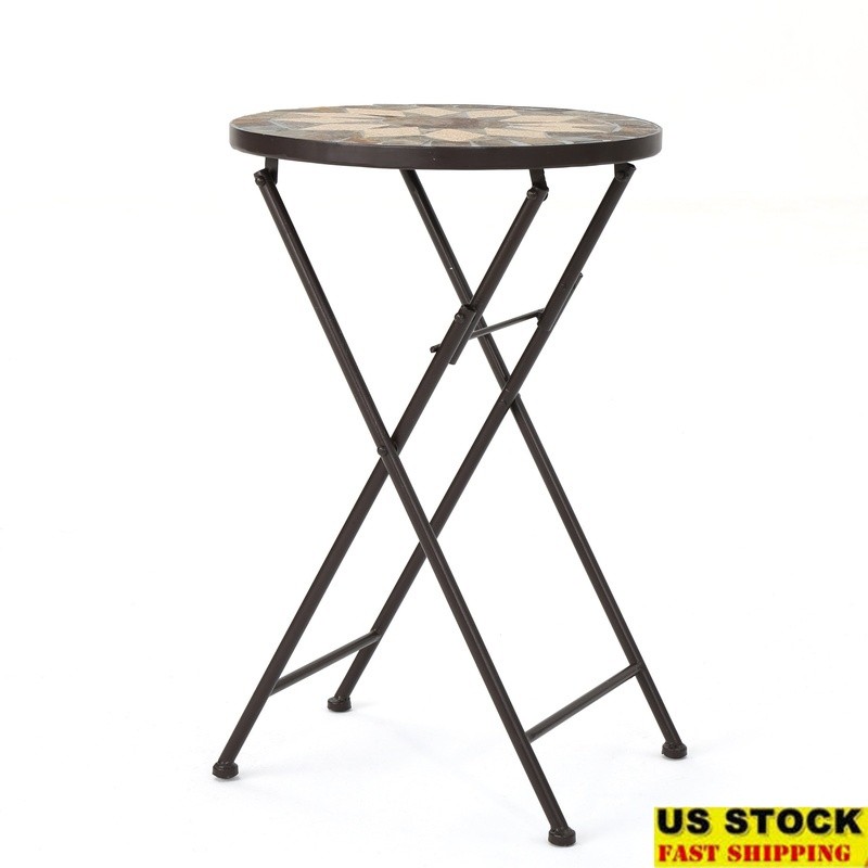 Foldable Outdoor Stone Side Table W/ Iron Frame Unique Patio Accent Table New
