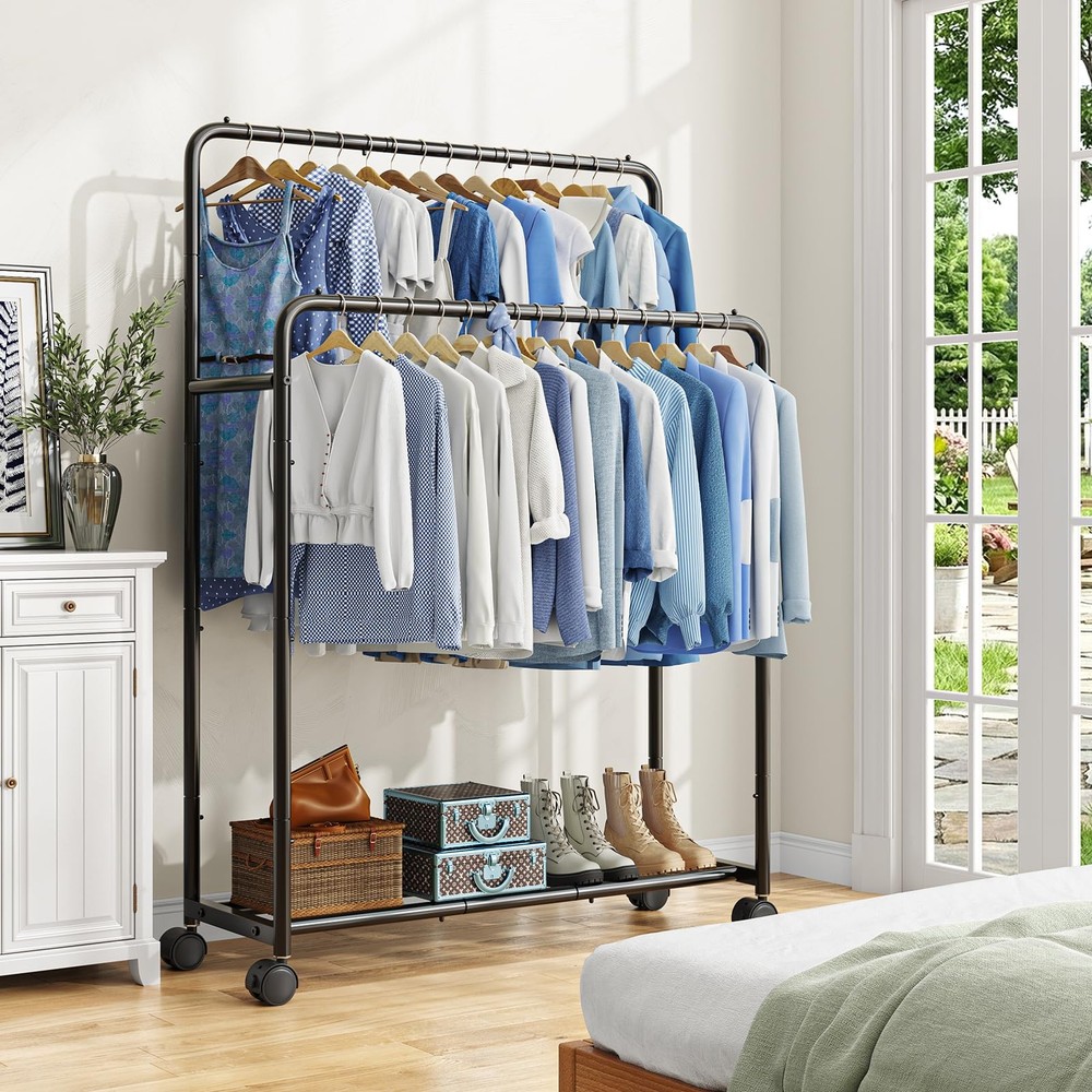 Double Rod Clothes Rack Rolling Garment Rack Black
