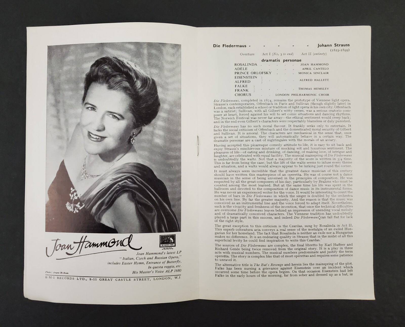 1959 London UK Philharmonic Orchestra Concert Die Flidermaus Vintage Program